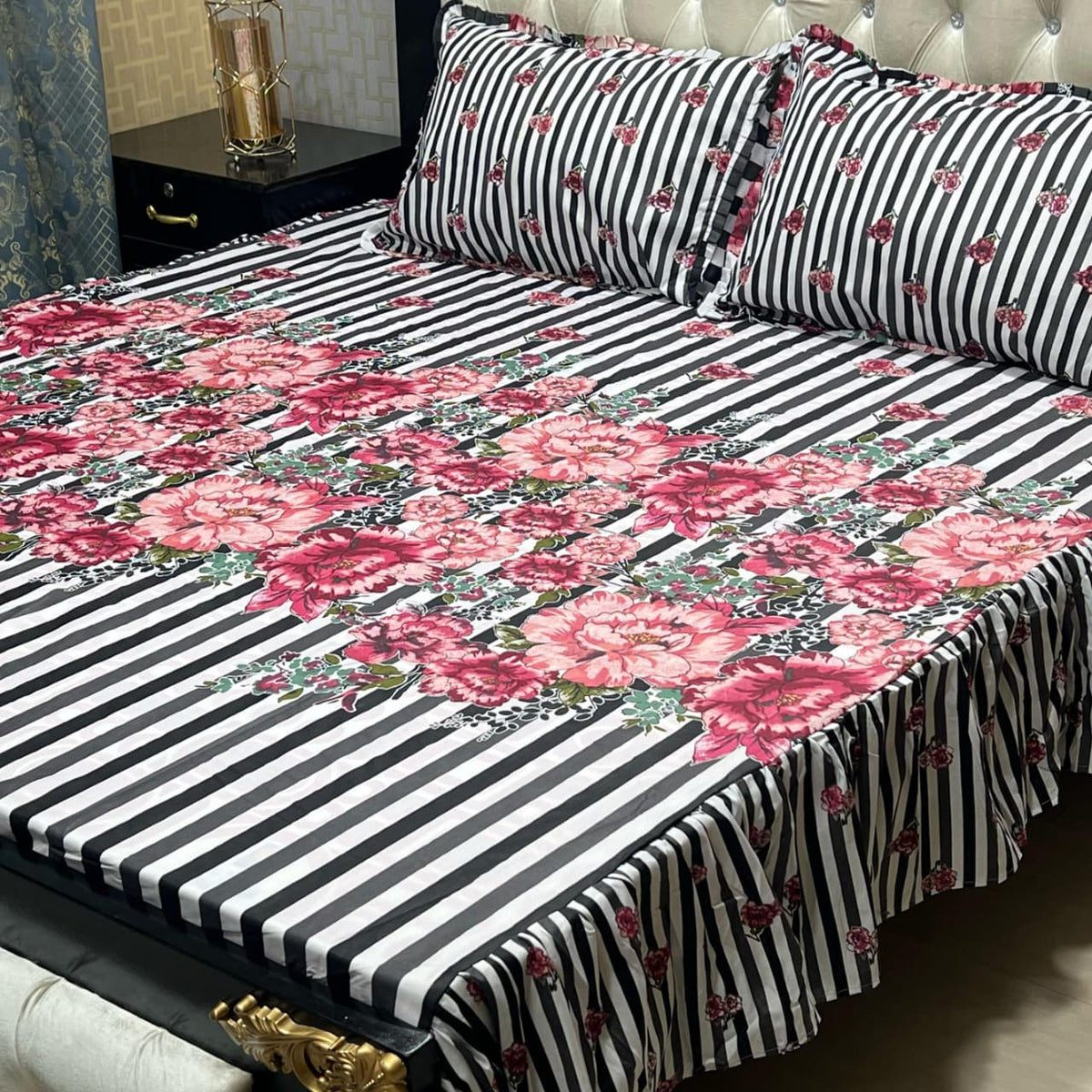 3-Piece Stitched 2-Sided Frill Bedsheet Set