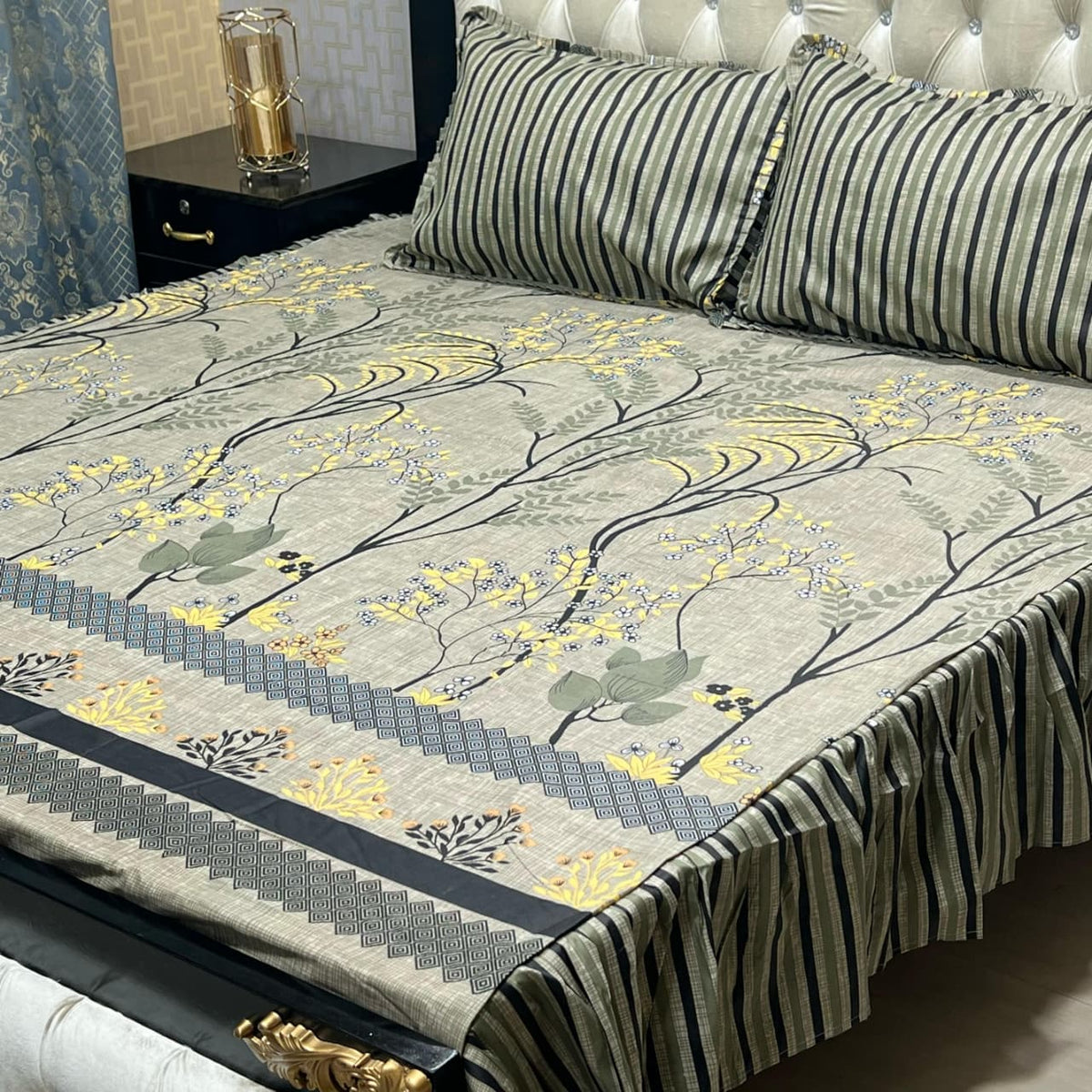 3-Piece Stitched 2-Sided Frill Bedsheet Set