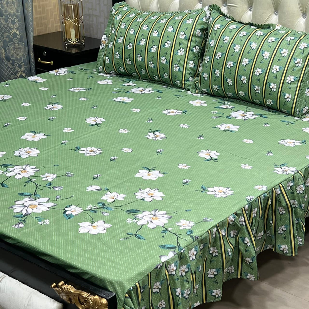 3-Piece Stitched 2-Sided Frill Bedsheet Set