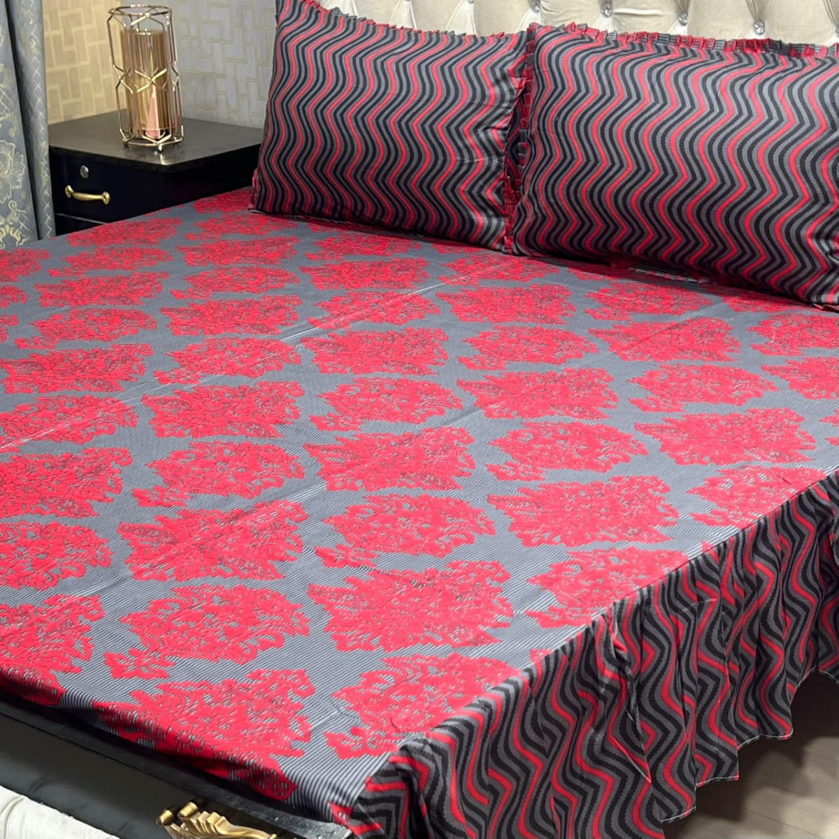 3-Piece Stitched 2-Sided Frill Bedsheet Set