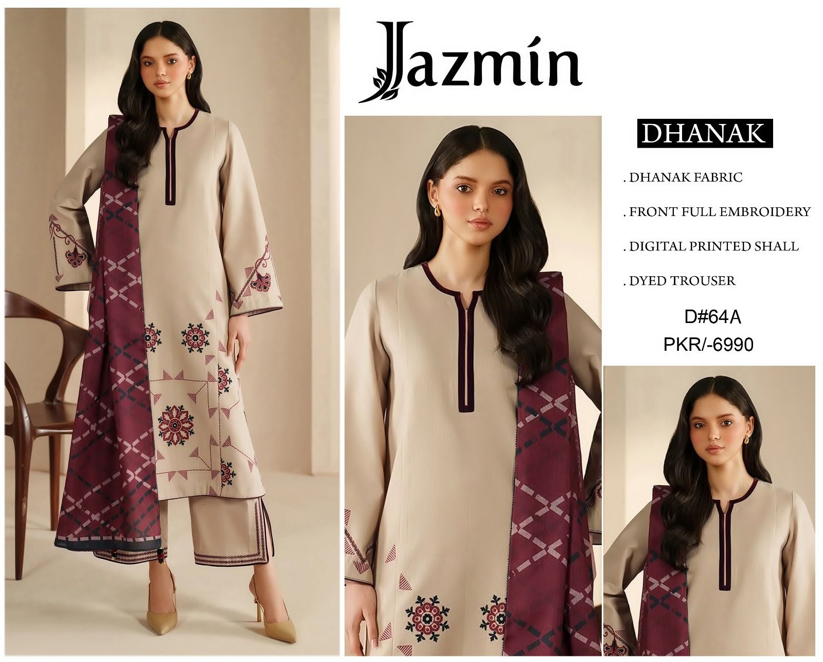 Dhanak Fabric 3-Piece Embroidered Suit,