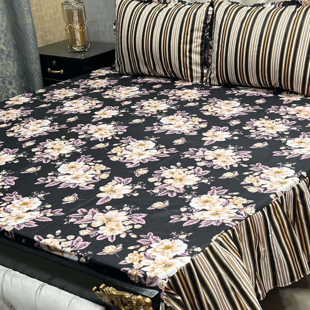 3-Piece Stitched 2-Sided Frill Bedsheet Set